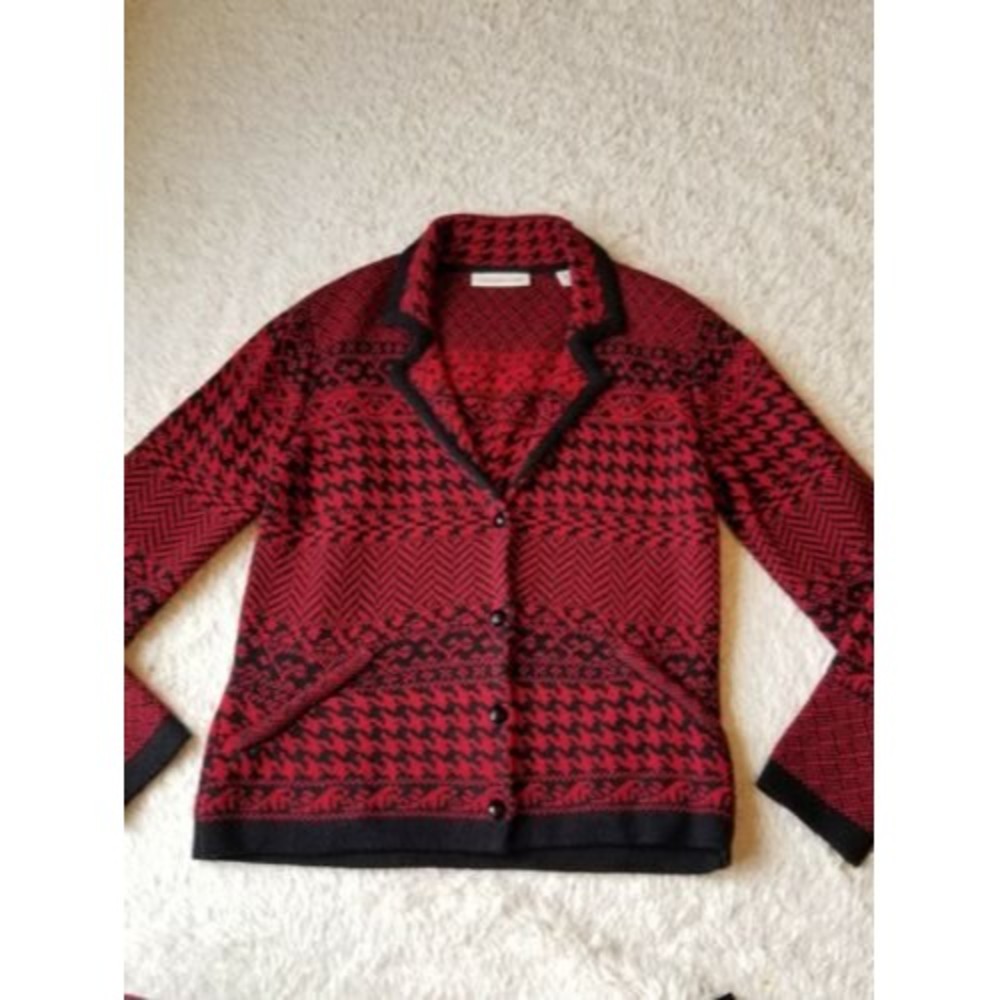 Coldwater Creek Wool Blend Long Sleeve Cardigan Top Houndstooth Red Black PS